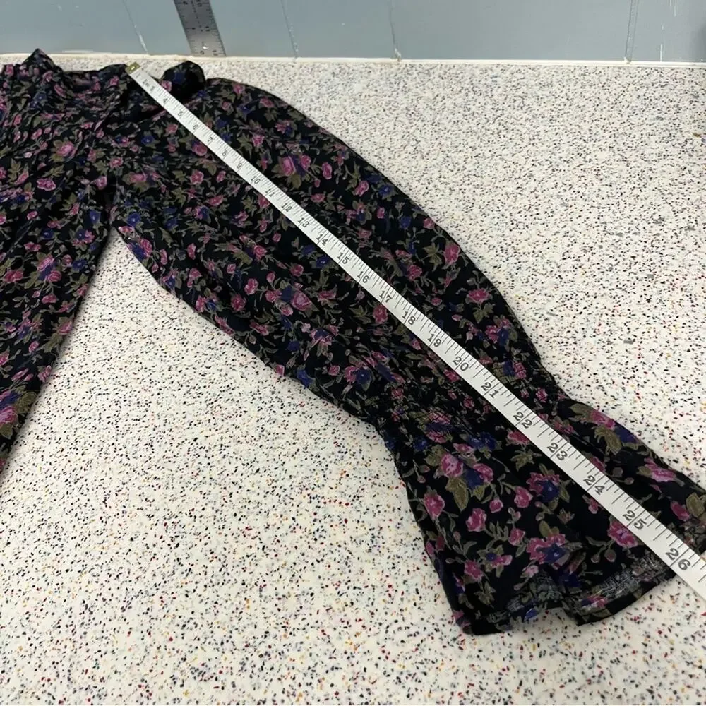 Free People Meant To Be Blouse Floral Puff Sleeve Top Black Purple Women’s S